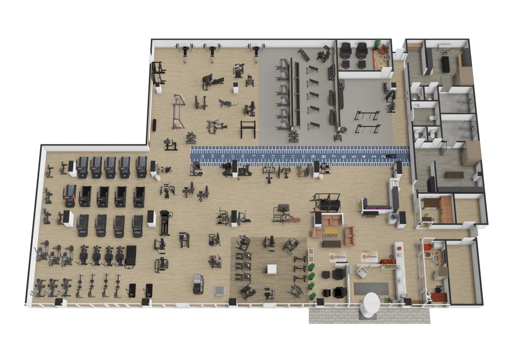 3D-rendering av treningsarealet hos fx fitness